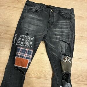 Amiri Men’s Grunge Patch Jeans Skinny Black Wash Distressed Faded Size 38